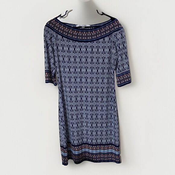 MAX STUDIO Mixed Print Sheath Dress L Blue Stretch Travel Knit - Picture 9 of 11